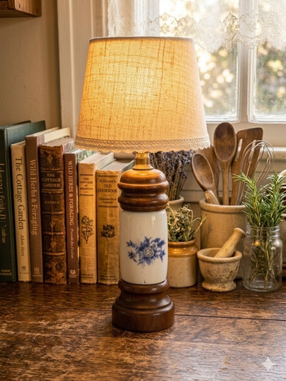 Vintage Ceramic and Wood Table/Kitchen Lamp with Blue Floral Motif